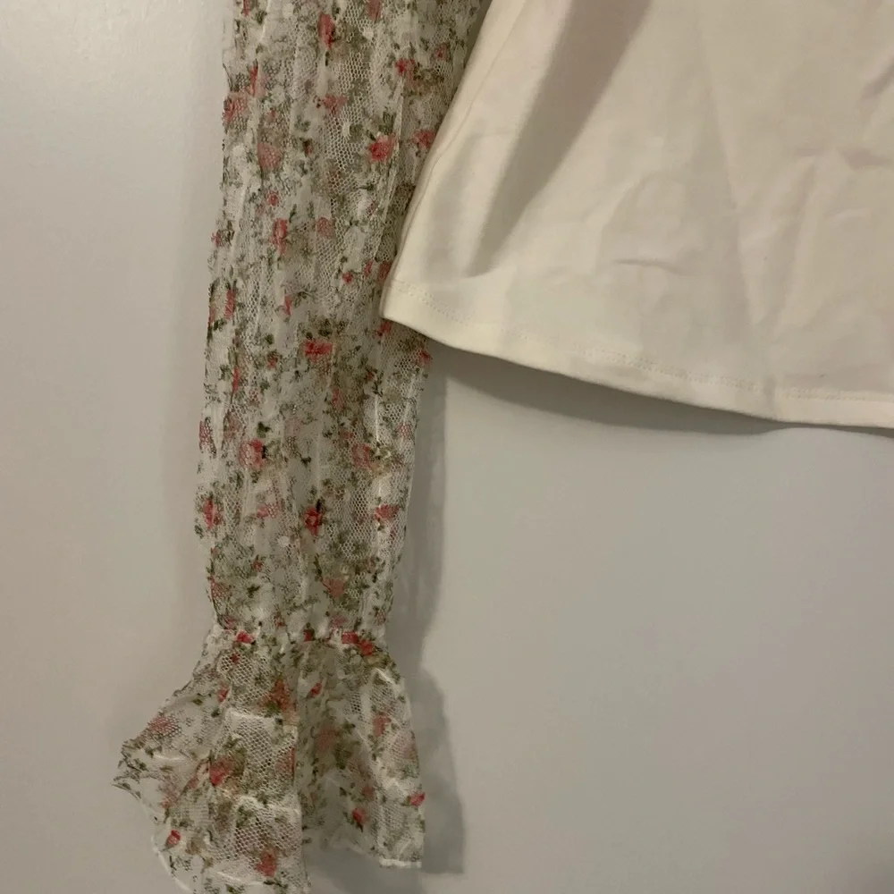NWT Free People Intimately Gimme Butterflies Cream Floral Sheer Sleeve Blouse